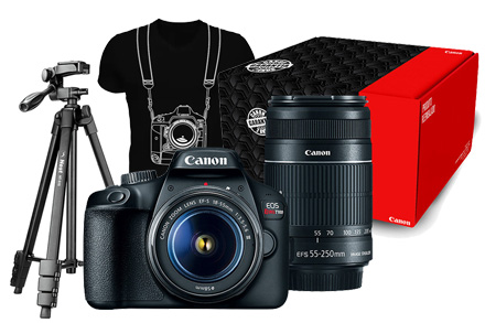 Combo Câmera EOS T100 Premium com Tripé e Camiseta Combo Câmera EOS T100 Premium com Tripé e Camiseta