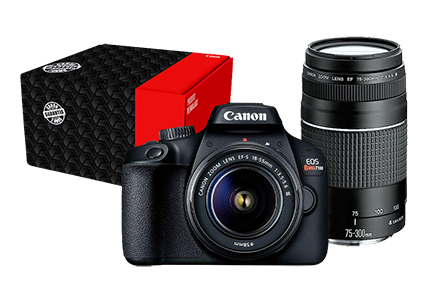 Combo Câmera EOS T100 Reembalada Viajante com Lente EF-S 18-55mm + EF 75-300mm Combo Câmera EOS T100 Reembalada Viajante com Lente EF-S 18-55mm + EF 75-300mm