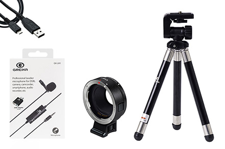 KIT de Acessórios Content Creator para EOS M200 com Adaptador de Lente, Cabo USB, Mini Tripé e Microfone de Lapela
