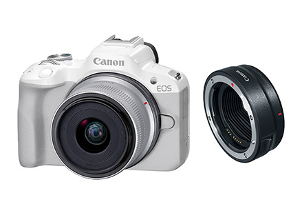 Combo Câmera EOS R50 Branca com Lente RF-S 18-45mm + Adaptador RF para lentes EF e EF-S padrão